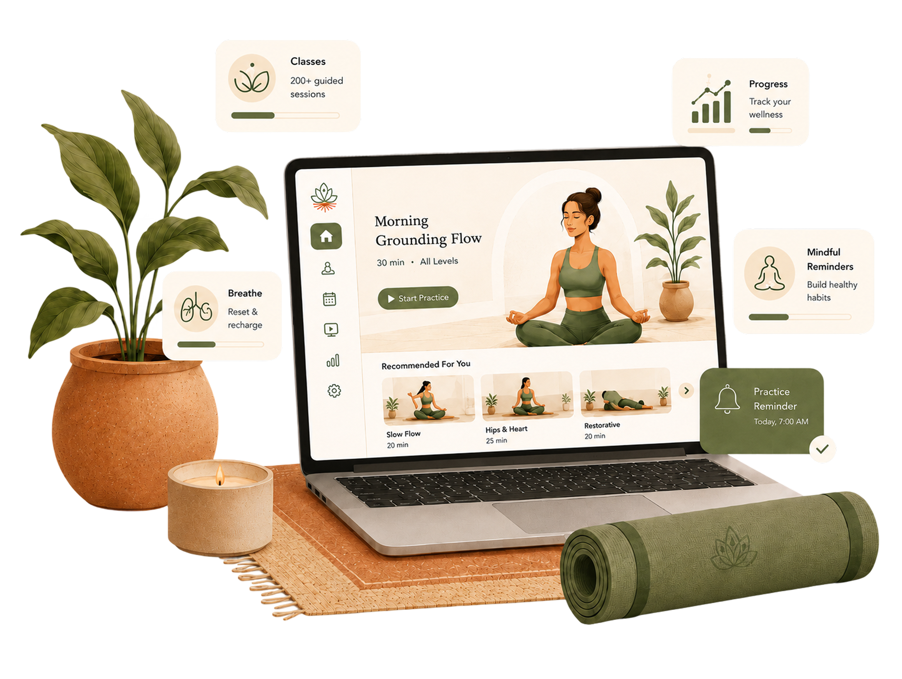 YogiScreen dashboard on a laptop with yoga and wellness elements